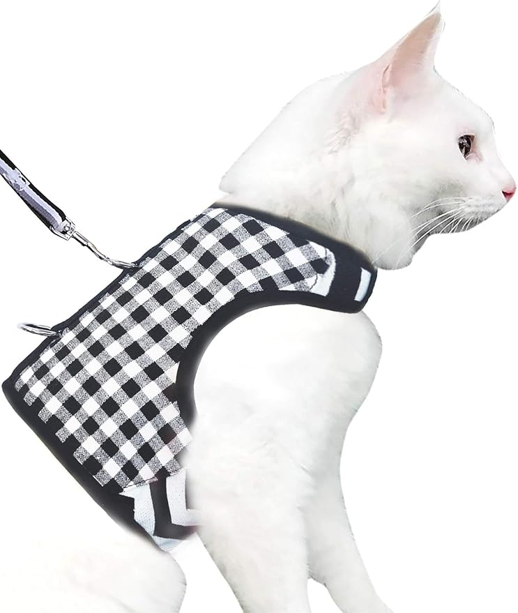 Cat Harness and Leash for Walking Escape Proof, Adjustable Cat Vest Harness, Padded Stylish Cat Walking Jackets, Black Plaid, XX-Large