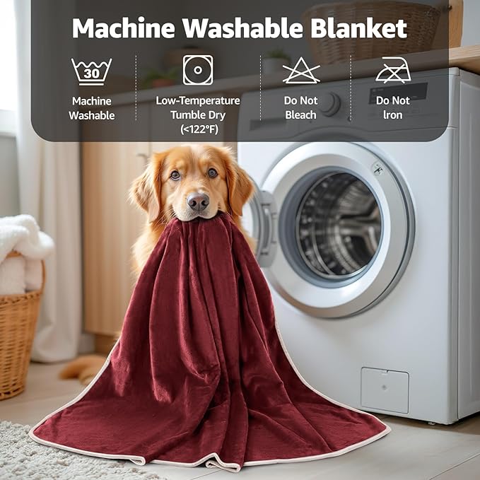 LOOBANI Waterproof Dog Blanket for Couch: Reversible Flannel Bed Blanket for Medium Large Dogs Liquid Proof, Soft Throw Blanket Couch Cover Protector for Sofa, Crate, Travel, Picnic, 50" x 60", Red