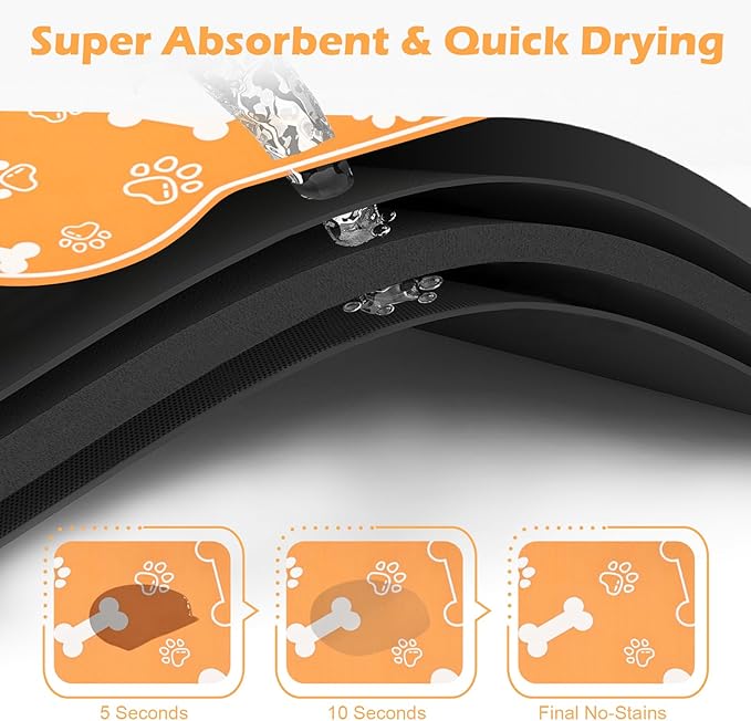 Dog Cat Mat for Food and Water,Rapid Absorbent Pet Feeding Mat, Bone Shaped Dog Placemat Bowl Mat with Rubber Backing,No Stains Pet Food Mats Indoor, Pet Accessories Supplies,Orange 16"×24"