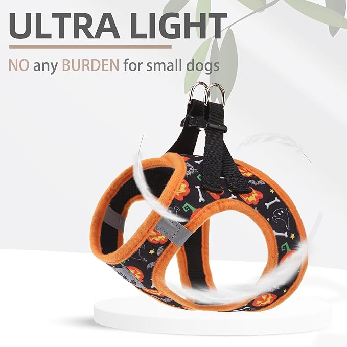 PUPTECK Adjustable Dog Harness Collar and Leash Set Step in No Pull Pet Harness for Small Medium Dogs Puppy and Cats Outdoor Walking Running, Soft Mesh Padded Reflective Vest Harnesses, Halloween, XS