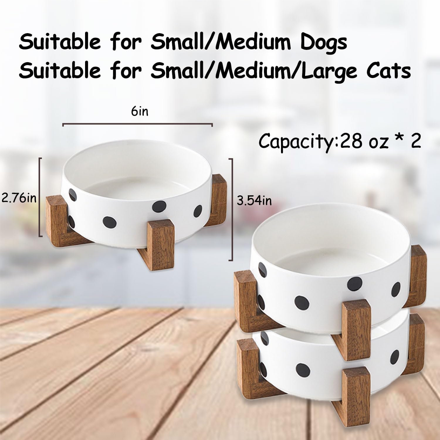 Petygooing Ceramic Dog Bowl Set with Stand,Pet Food and Water Bowl, Anti -Slip Set of 2 Pet Bowls-Dog Food Bowls- Pet Feeder Small Medium Size (28 OZ /3.6 Cups) Black Dot