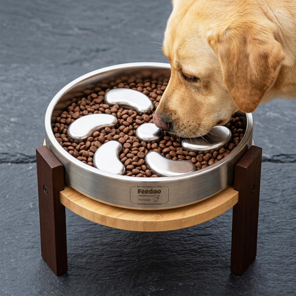 Elevated Dog Bowl Stand, 7'' Height Raised Stand for Large Dogs, Includes 3Cups Stainless Steel Slow Feeder Dog Bowl, Durable Solid Hardwood