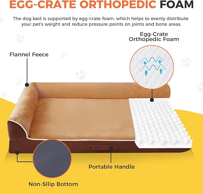 Dog Bed Large Sized Dogs, Orthopedic Dog Bed for Large Dogs, Waterproof Pet Bed with Washable Removable Cover, L-Shaped Pet Couch with Portable Handle 36"x27"x6.5", Brown