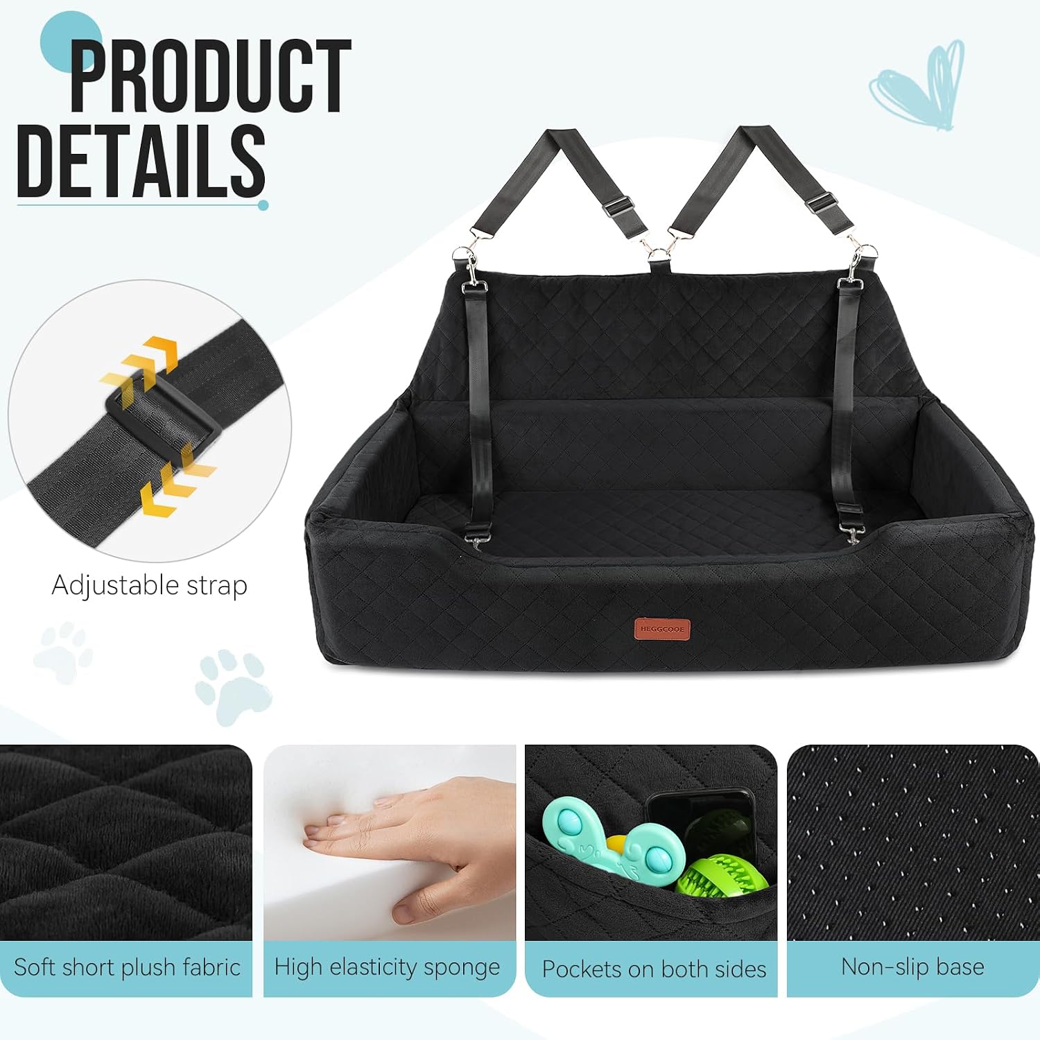 HEGGCOOE Large Dog Car Seat Under 100 lbs, Washable Dog Car Bed for 2 Medium Dogs, Detachable Pet Booster Seat with Storage Pocket and Seat Belt for Back Seat Dog Travel Bed