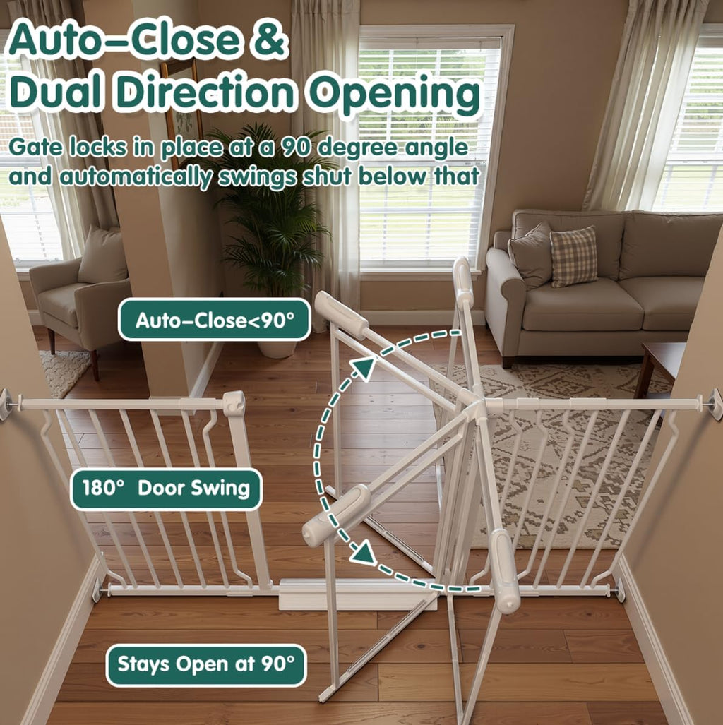 Triple-Lock Acrylic Extra Wide Baby Gate 66.95"-74.8", Crystal Clear Transparent Pet Gate for Dogs, Heavy Duty Metal Gate for Doorways, Pressure Mount Child Safety Barrier, Auto Close, White