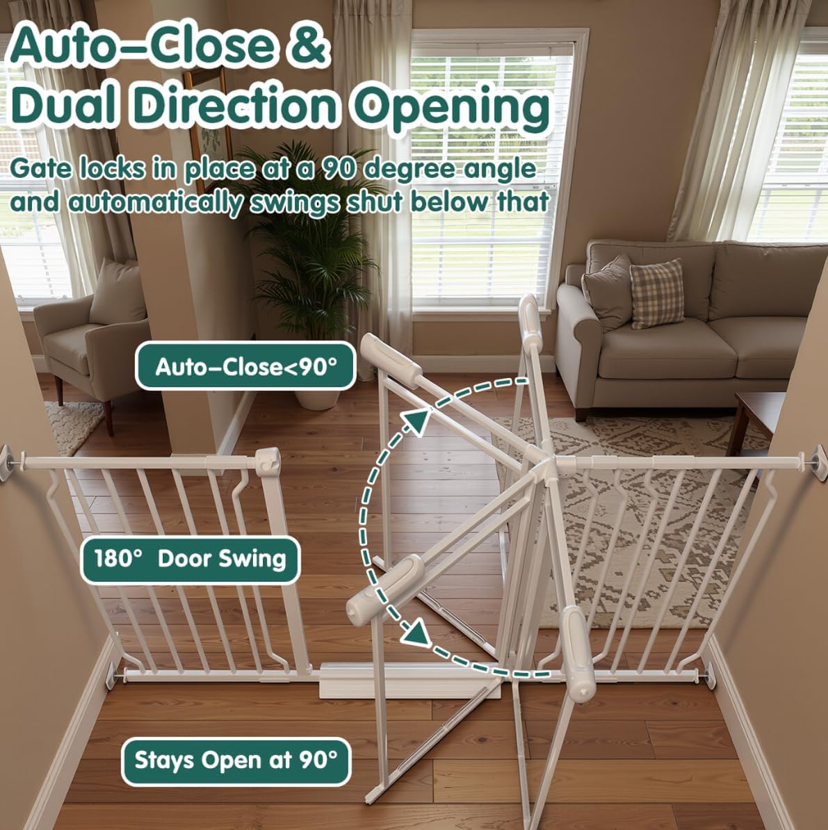 Triple-Lock Acrylic Extra Wide Baby Gate 66.95"-74.8", Crystal Clear Transparent Pet Gate for Dogs, Heavy Duty Metal Gate for Doorways, Pressure Mount Child Safety Barrier, Auto Close, White