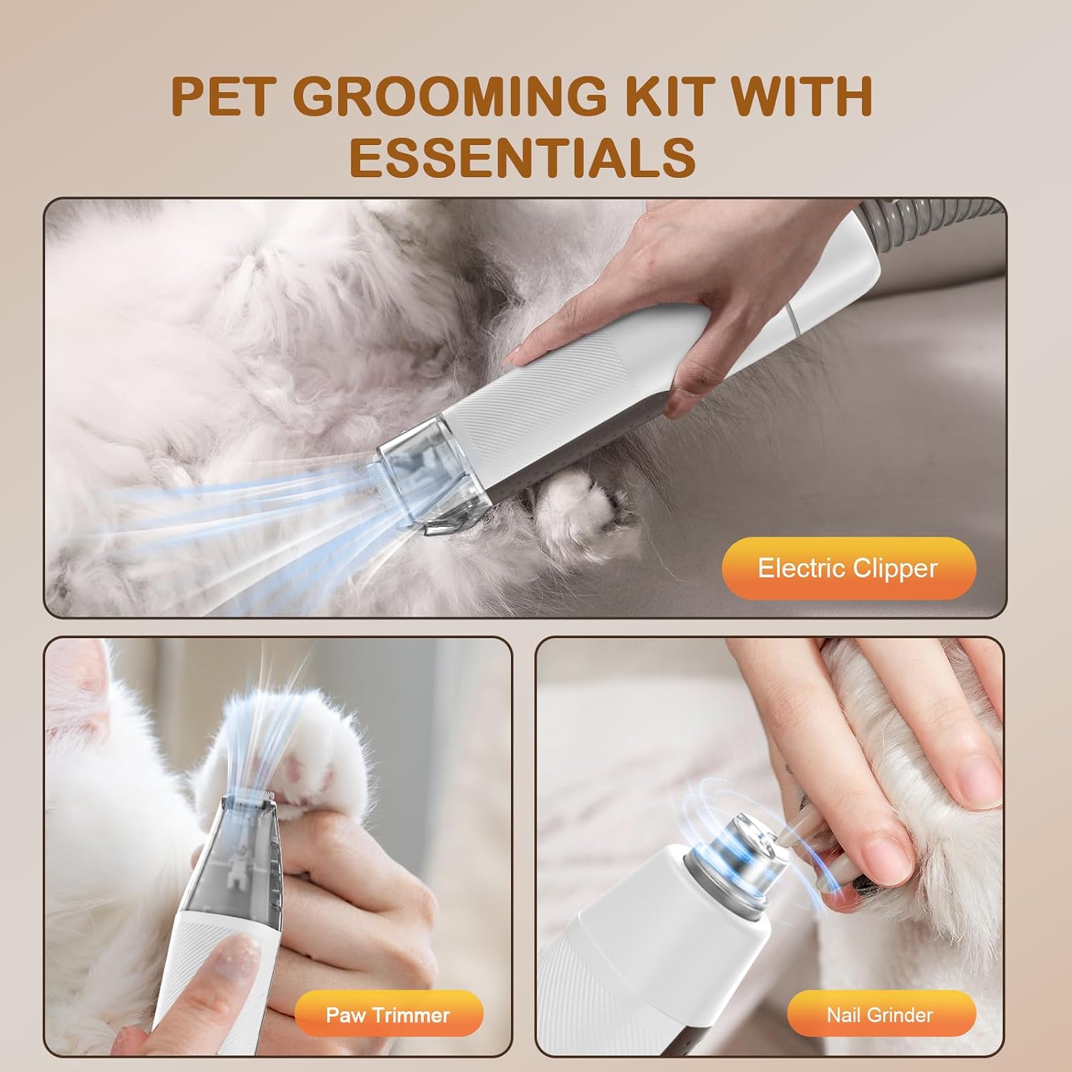 Dog Grooming Vacuum, Dog Grooming Kit with Pet Clipper Nail Grinder, 6 Pet Grooming Tools（Mahogany）