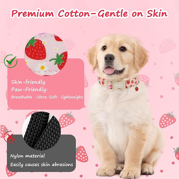 Strawberry Dog Collar, Cute Pink Dog Collars for Large Dogs, Sweet Fresh Style Pet Collar Large Dog Collars, Puppy Collar with Quick Release Buckle for Girl Boy Dog-L