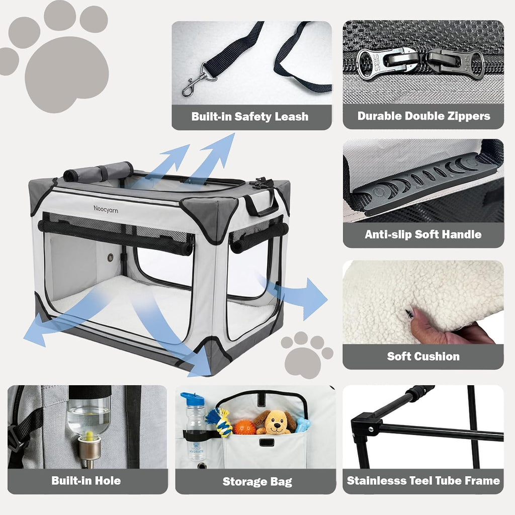 Collapsible Soft Dog Crate 36 Inch, Portable Travel Pet Crate for Large Dogs with 4-Door Mesh, Large Dog Kennel Indoor & Outdoor, Light Grey
