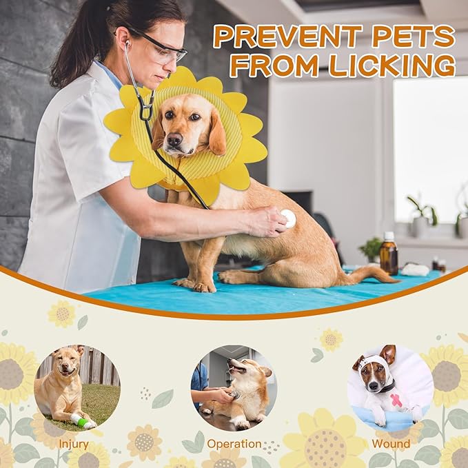 IEUUMLER Inflatable Recovery Dog Collar, Protective Donut Cone, Adjustable Soft Collar for Dog and Cat After Surgery Prevent from Biting & Scratching EU002 - Sunflower M+