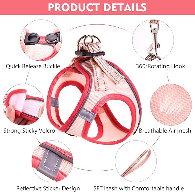 Cat Harness and Leash Set, Soft and Breathable Vest with Reflective Strip, Escape Proof Kitten Harness, Easy to Wear for Cats Walking and Traveling (Pink, XXS)