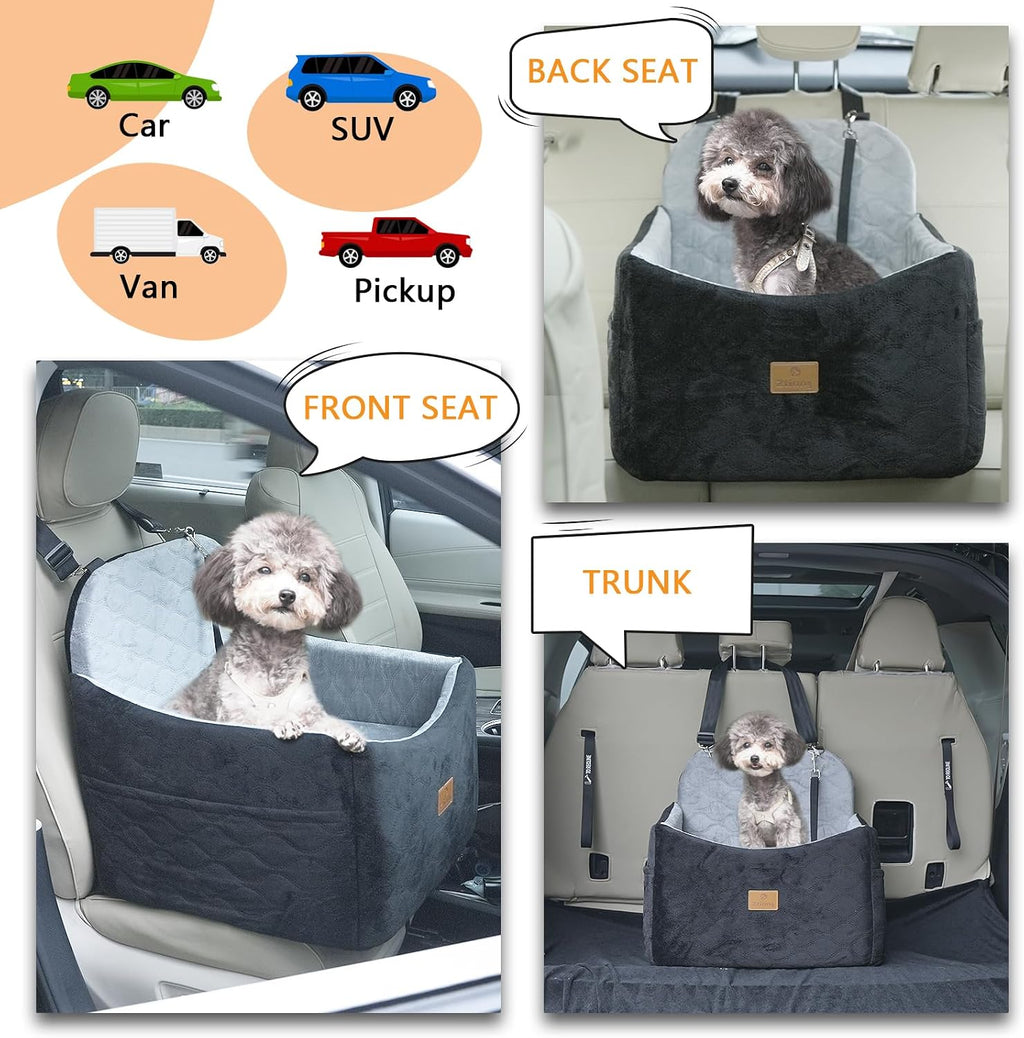Dog/Cat Car Seat Pet Booster Seat for Dogs/Cats up to 30 lbs | Suitable for Small/Medium Pet Memory Foam with Detachable Washable Cover Travel-Safe Car Bed with Safety Belt/Storage Pocket
