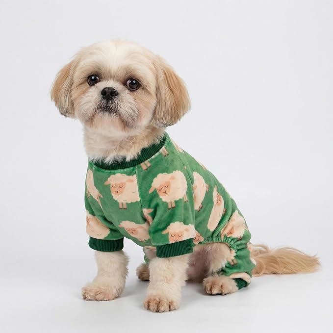 Fitwarm Funny Sheep Dog Pajamas, Warm Winter Dog Clothes for Small Dogs Boy Girl, Cozy Pet Onesie with Feet, Green, White, Large