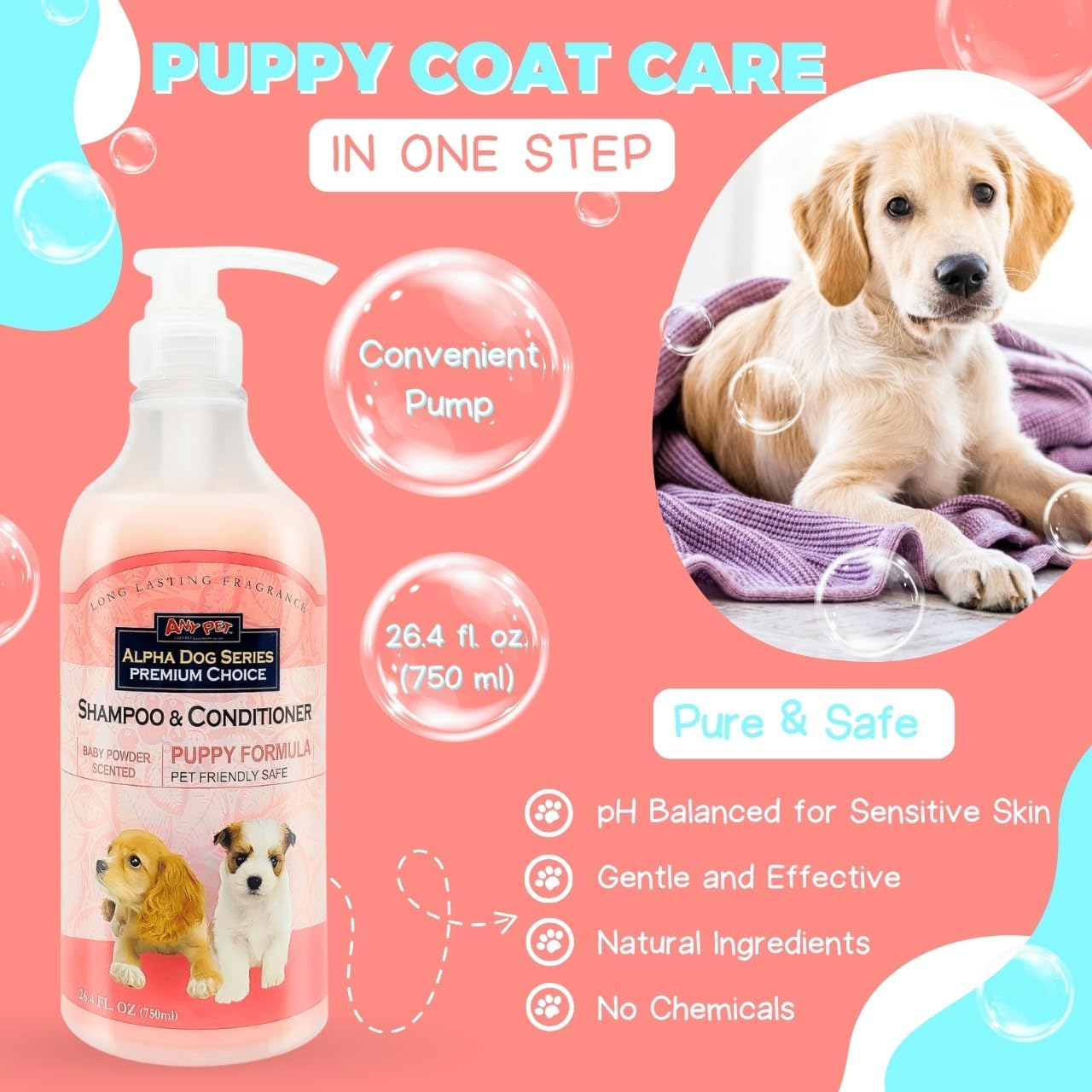 Puppy Grooming Natural Dog Shampoo and Conditioner with Aloe Vera, pH balanced Shampoo for Dogs, Tear-Free, Moisturizing Dog Shampoo for Sensitive Skin - 26.4 Oz