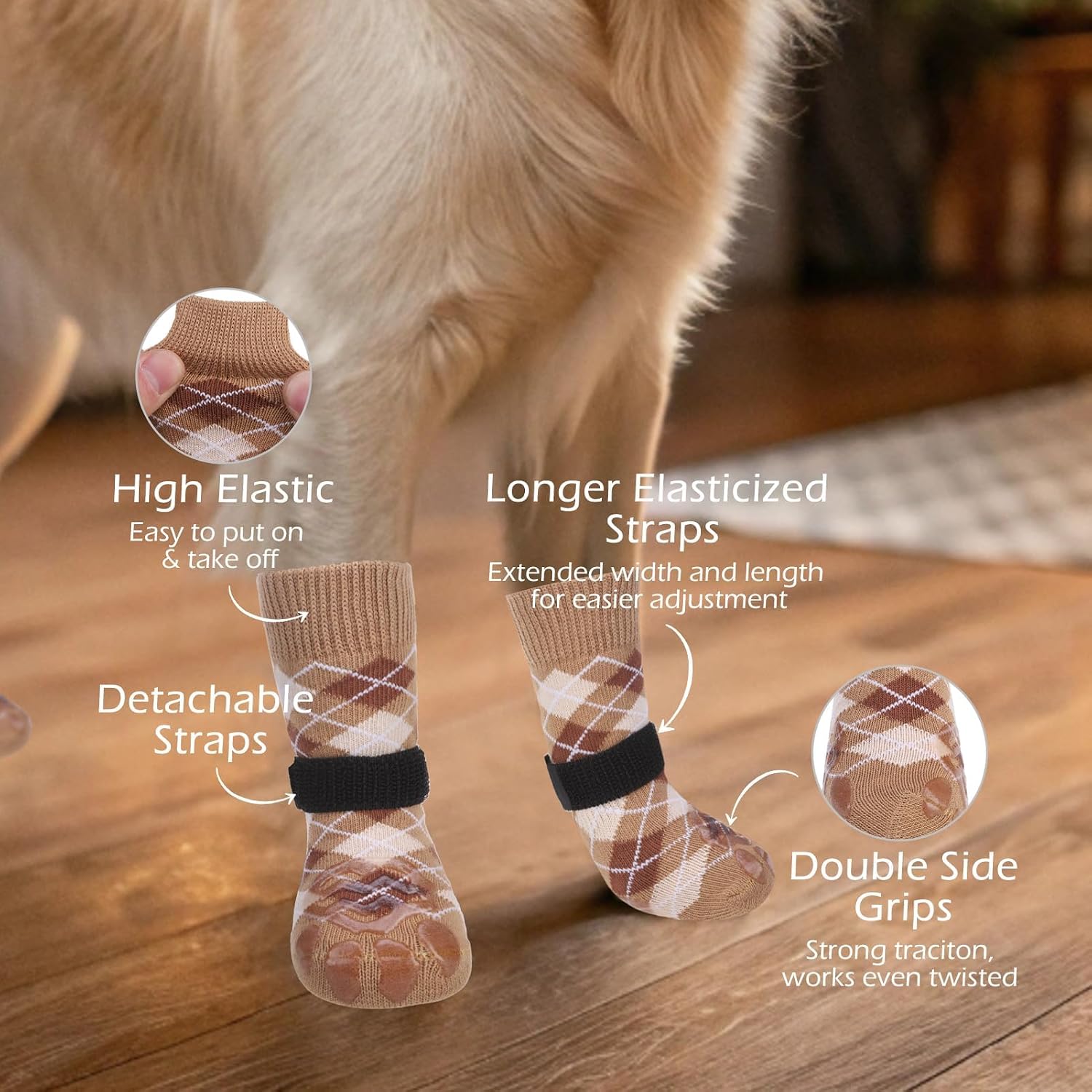 Dog Socks to Prevent Licking Paws,Anti Slip Dog Shoes for Hot Pavement,Dog Booties for Hardwood Floors,Dogs Boots & Paw Protectors for Small Medium Large Senior Dogs,British Style,Khaki M