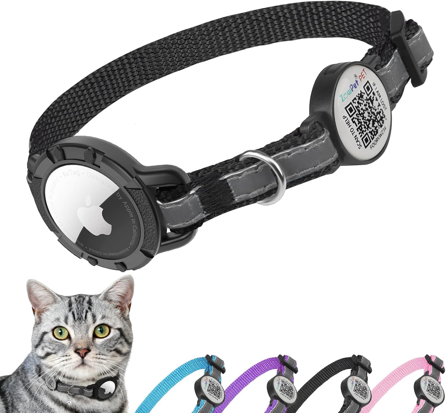Airtag Cat Collar Breakaway with QR Code Name Tag (Black,8.5-11.5 Inch) | Reflective Kitten Collar with Apple Air tag Holde and Bell, Soft, Durable, Adjustable, Quick Release for Small Large Cat