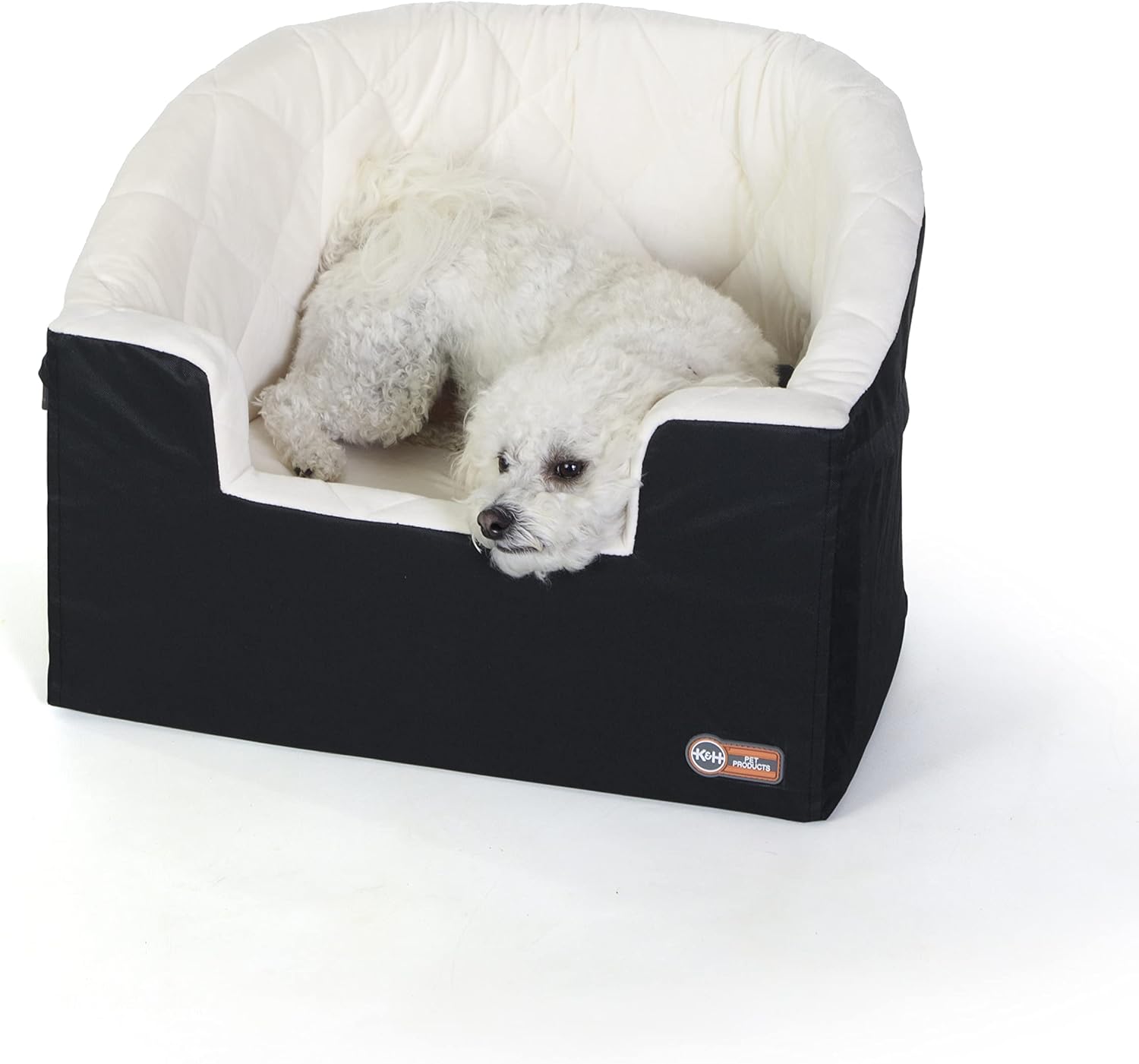 K&H Dog Car Seat, Bucket Booster for Small to Medium Pets, L Black/Cream | Collapsible Dog Car Seats for Small Dogs. Seat Belt Secured, 2 Safety Leashes, Washable Covers