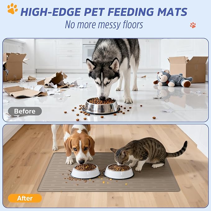Large Dog Mats for Food and Water, 32"x24" Waterproof Pet Food Mats for Floor Nonslip Silicone Bowl Mats with Raised Edges