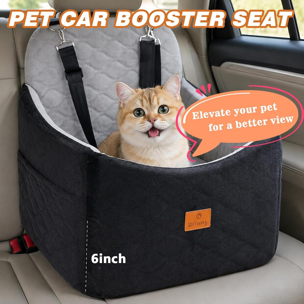 Dog/Cat Car Seat Pet Booster Seat for Dogs/Cats up to 30 lbs | Suitable for Small/Medium Pet Memory Foam with Detachable Washable Cover Travel-Safe Car Bed with Safety Belt/Storage Pocket