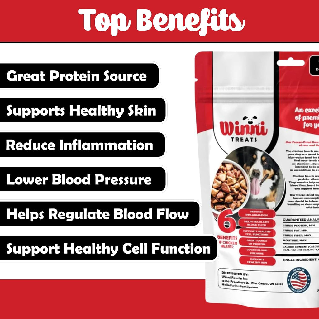 Winni Treats Freeze Dried Chicken Hearts for Dogs - Single Ingredient, Preservative-Free, Premium Chicken Hearts, High in Protein for Strong Muscles, Low in Fat, Healthy Dog Treats (3.75 Ounces)