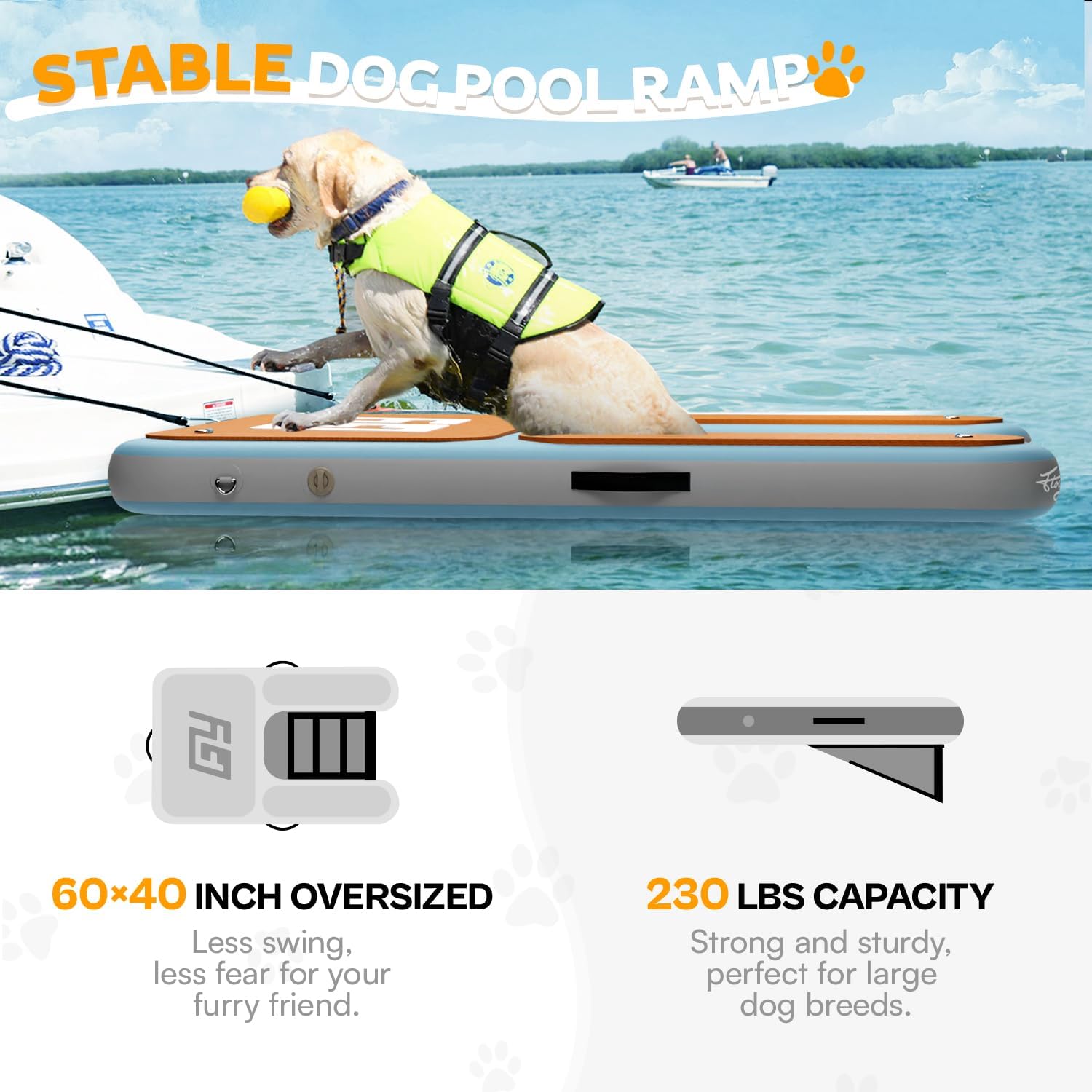 60×40" Dog Pool Ramp,Up to 230Lbs,Dog Ladder in Water for Boat/Pool | Fit Most Dog Size, 98% Area EVA Covered, Claw-Friendly&Stable, Pool Ramp For Dog, Quick Inflate&Travel-Friendly—With Full Kit