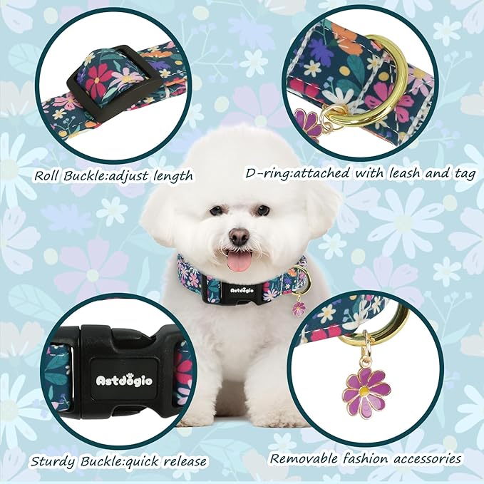 Dog Collar for Small Dogs, Spring Dark Green Dog Collars with Flowers Pattern, Adjustable Cotton Dog Collars, Cute Girl or Boy Dog Collar Ideal for Gifts,Pet Accessory