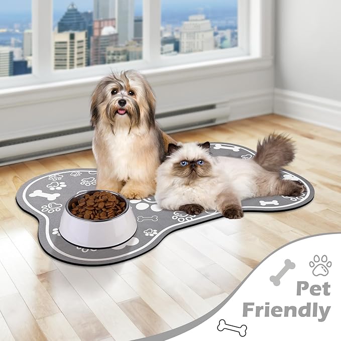 Dog Cat Food Mat,Rapid Absorbent Pet Feeding Mat, Bone Shaped Dog Placemat Water Bowl Mat with Rubber Backing,No Stains Dog Cat Food Mats Indoor, Pet Accessories Supplies 16"×24" Grey