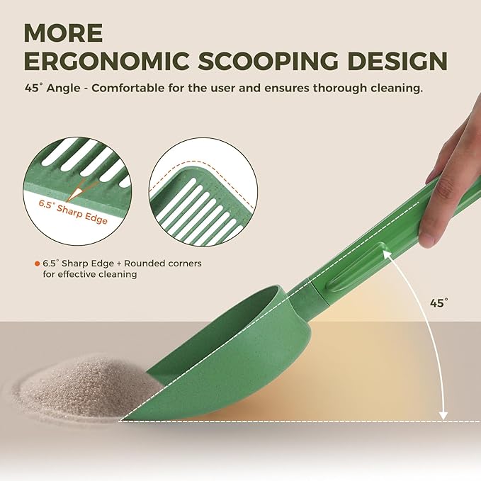 Cactus Cat Litter Scooper with Holder - 3 Rolls of Trash Bags, Wheat Straw Plastic Shovel & ABS Handle and Box - Cat Litter Scoop with Bag - Premium Kitty Litter Scoop Green