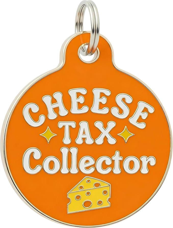 Bad Tags Personalized Dog and Cat ID Tags in 25+ Designs and 2 Sizes - 5 Lines of Custom Engraved Text - Funny Cute Personalized Pet Tags (Cheese Tax Collector, Small (1 inch))