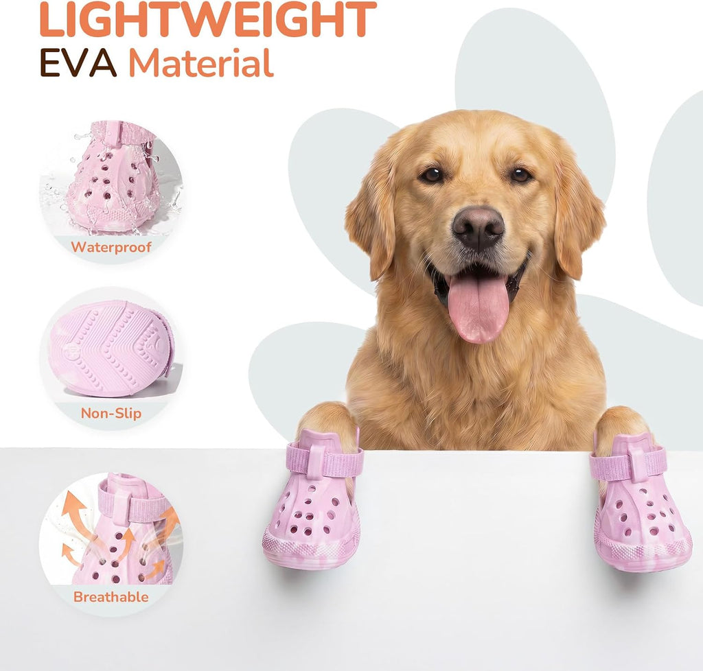 Dog Shoes for Hot Pavement, 4 Pack EVA Glow Dog Boots, Pink, Size 8 | Glow-in-the-dark EVA dog clogs, Breathable Vented, Lightweight Comfort, Non-slip Sole, Summer Walks, Medium & Large Dogs