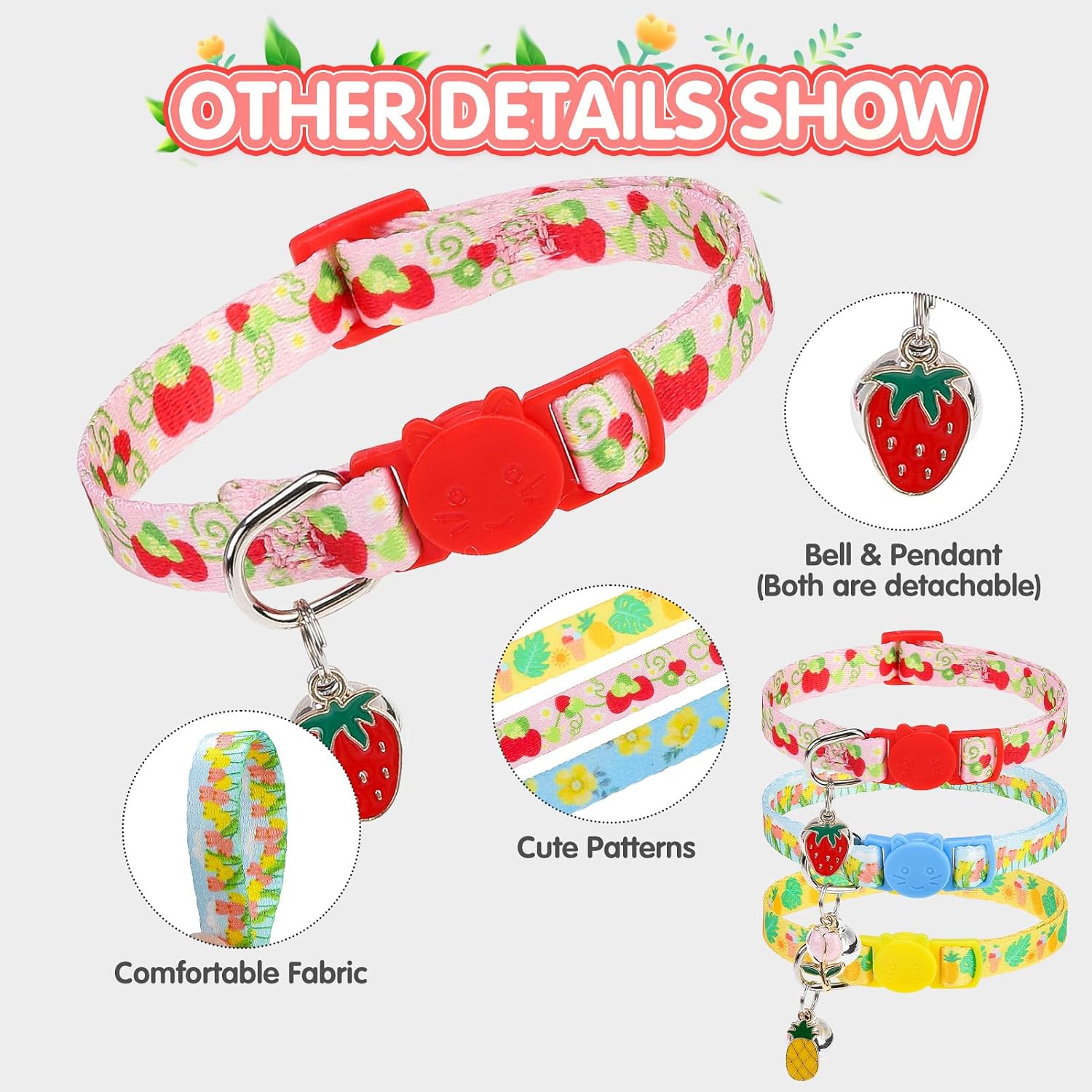 Flower Cat Collar Breakaway with Bells 3 Pack, Adjustable Soft Cute Cat Collars with Fruit Pendant for Spring Summer, Safe Floral Kitten Collar for Girl Boy Cats Pet Decoration Accessories