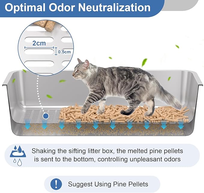 Stainless Steel Sifting Litter Box with Lid, Large Sifting Cat Litter Box for Pine Pellets & Big Cats,Metal Pellet Sifter Litter Pan System for Odor Control,Sifting Box Liners & Scoop