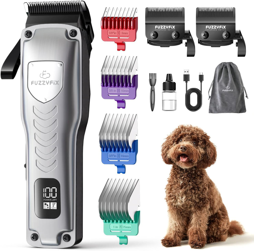 Professional Dog Clippers for Grooming Thick Coats Dog Grooming Kit | Upgraded Metal Guide Comb Low Noise Cordless Dogs Hair Clippers 2 Detachable Stainless Steel Blade Curly/Wavy/Matted Fur