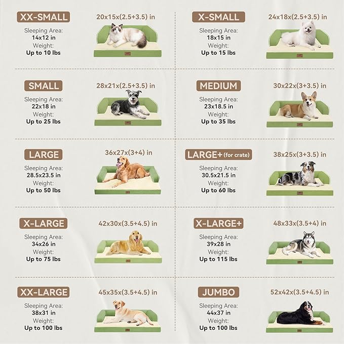 Large Dog Bed Orthopedic Washable - Beds Bolster - Extra XL XLarge Big Dogs - Memory Foam Couch Sofa - Waterproof with Removable Cover - Grass Green Dog Bed