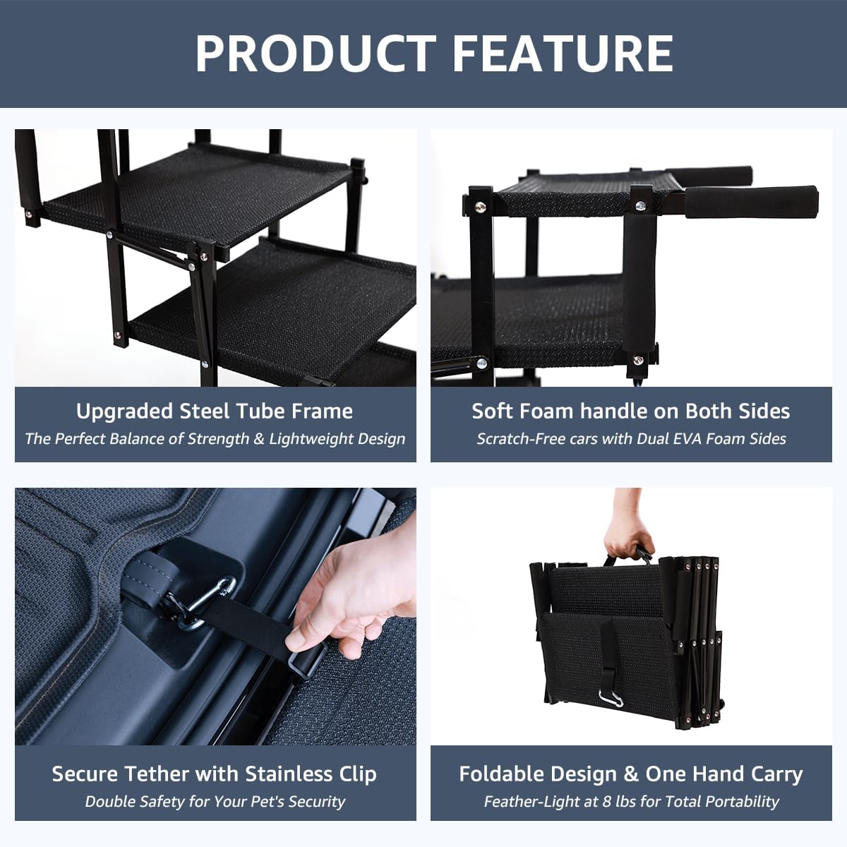 Oiilores Foldable Dog Stairs for Large Dogs - Extra Wide Pet Ramp for Cars, SUV, Non-Slip Surface, Supports Up to 250 Lbs, 5 Steps
