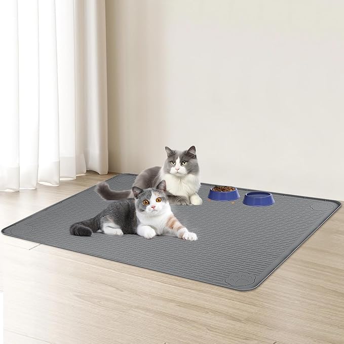 Cat Food Mat, 57" x 40" Extra Large Silicone Pet Feeding Mat with Raised Edge Pet Placemat for Food and Water Bowl Non-Slip, Easy to Clean, Floor Protection (Dark Grey)