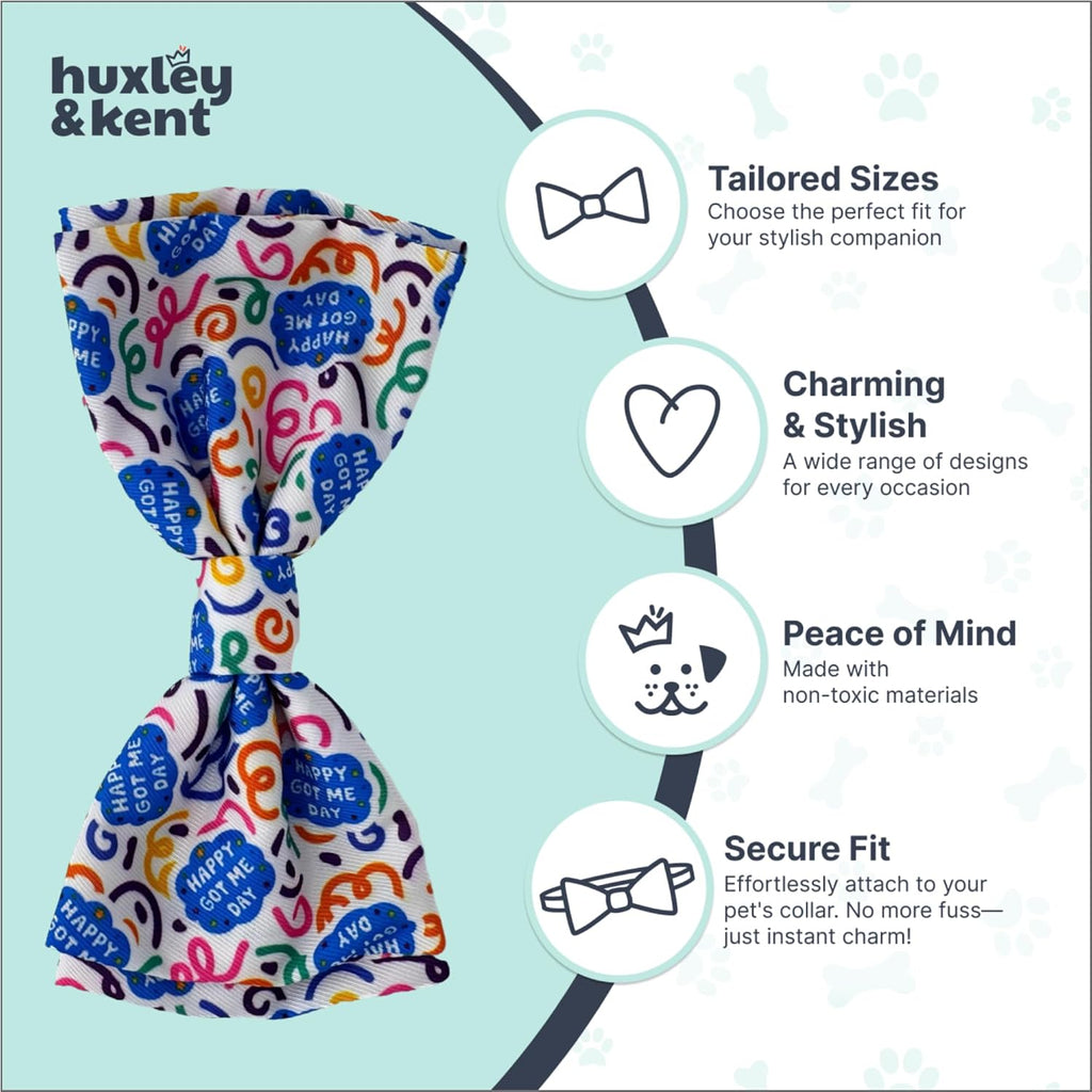 Huxley & Kent Pet Bow Tie for Dogs & Cats, Happy Got Me Day, Large/XLarge | Hook & Loop Attaches to Any Collar, Soft Polyester, Lightweight & Machine Washable, Perfect for Holidays & Photos