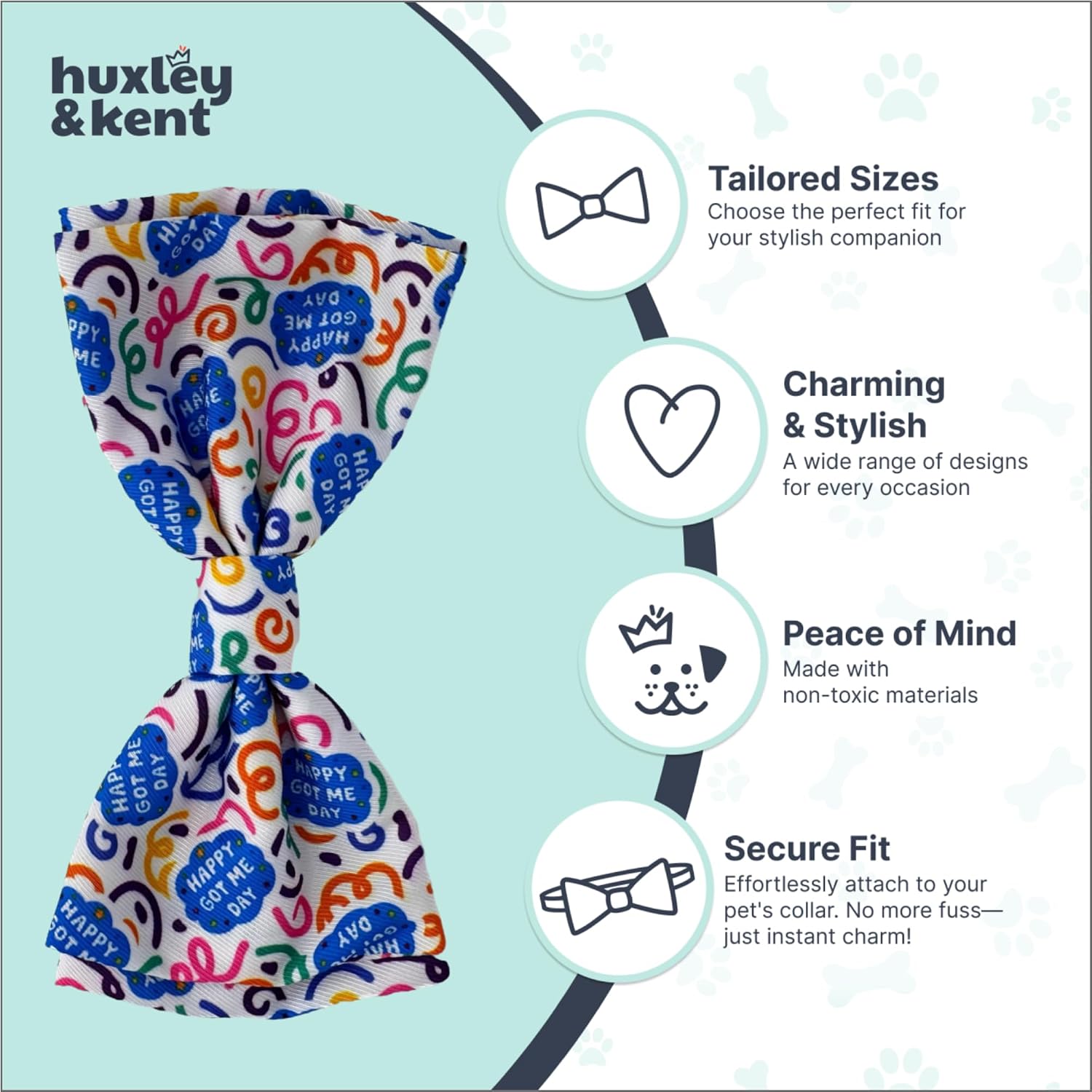 Huxley & Kent Pet Bow Tie for Dogs & Cats, Happy Got Me Day, Large/XLarge | Hook & Loop Attaches to Any Collar, Soft Polyester, Lightweight & Machine Washable, Perfect for Holidays & Photos