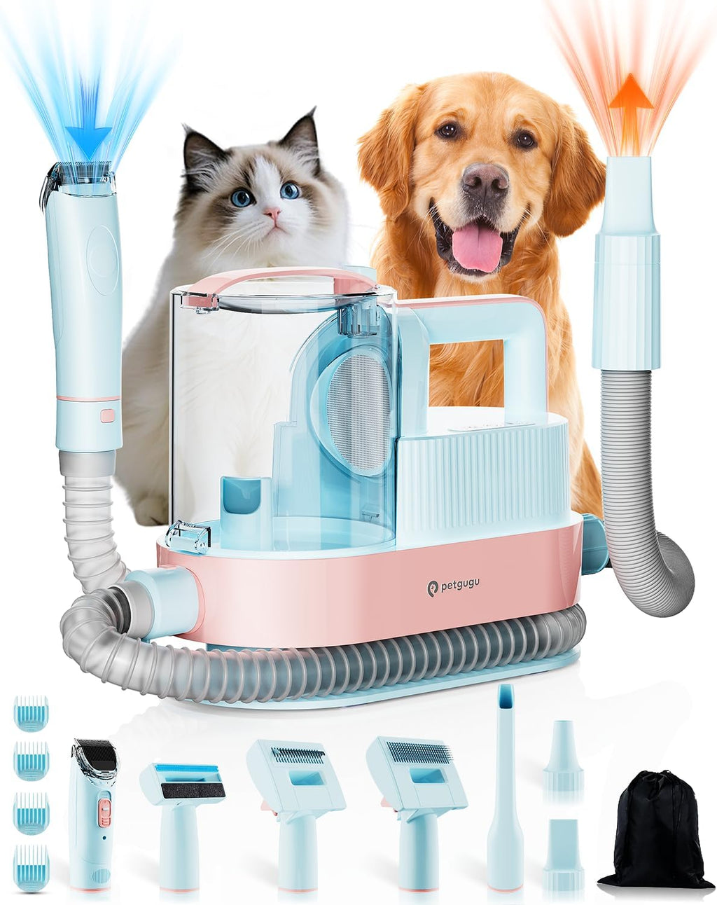 PETGUGU Dog Grooming Vacuum, Dog Vacuum with 7‑in‑1 Clipper, Dog Vacuum for Shedding Grooming, Deshedding Brush,3‑Speed Adjustable & Temp Control Blower,2.5L Dust Cup,Reduces Flying Hair,Easy cleanup