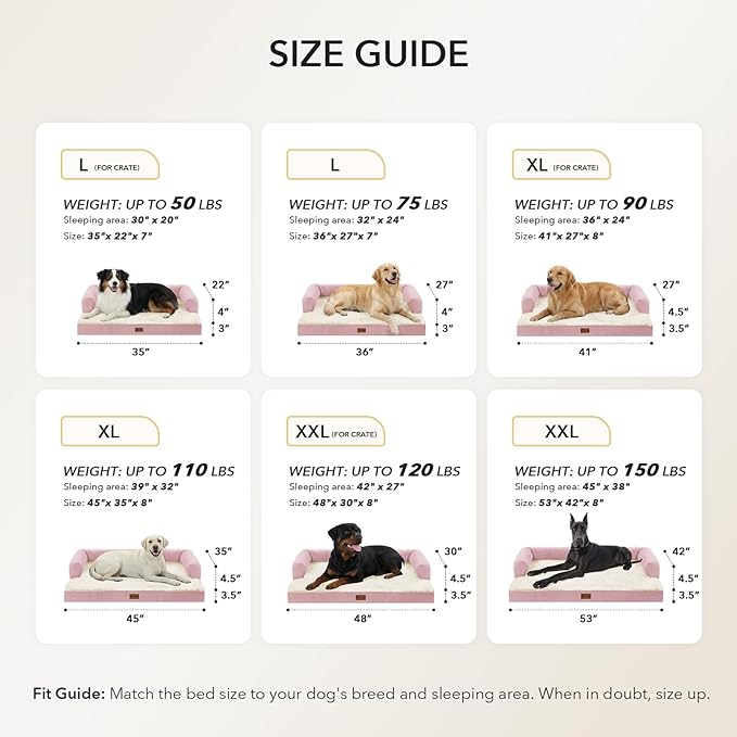 Orthopedic Dog Beds for Extra Large Dogs, Waterproof Egg Crate Foam XL Dog Bed with Sides 48x30Inch, Big Dogs Couch Beds with Removable Washable Cover and Nonskid Bottom, Pink