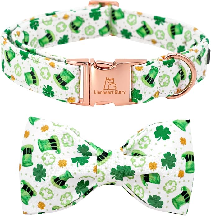 Lionheart glory Dog Bow Collar St. Patrick's Day Dog Collar for Large Dogs, Adjustable Green Collars Lucky Clover Shamrock Dog Collar with Bowtie Pet Collar Bows