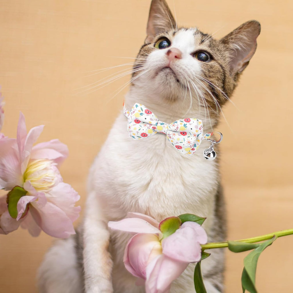 Summer Cat Collar Breakaway with Bells and Bowtie, 2 Pack Cute Leather Cat Bandana Collar with Safety Buckle Adjustable Size for Small Kitten Boys Girls, White+Orange Flower
