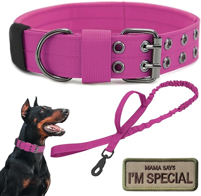 Tactical Dog Collar Military Adjustable Dog Collars Soft Nylon Training Collar with Patch Heavy Duty Metal Buckle Collars for Medium Large Dogs (Pink-1, XL)