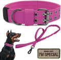 Tactical Dog Collar Military Adjustable Dog Collars Soft Nylon Training Collar with Patch Heavy Duty Metal Buckle Collars for Medium Large Dogs (Pink-1, L)