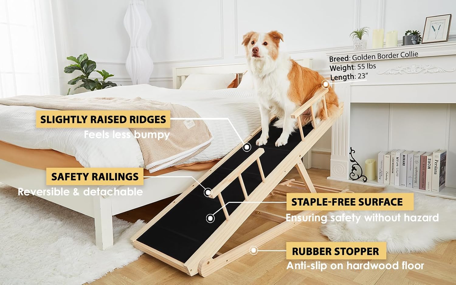 Woohoo Dog Ramp for Bed, 31" Adjustable Wood Ramp with Safety Rails | non-slip Rubber Surface, 59" Long 16" Wide, Adjustable from 15" to 31", Foldable, for Small Dogs under 50lbs