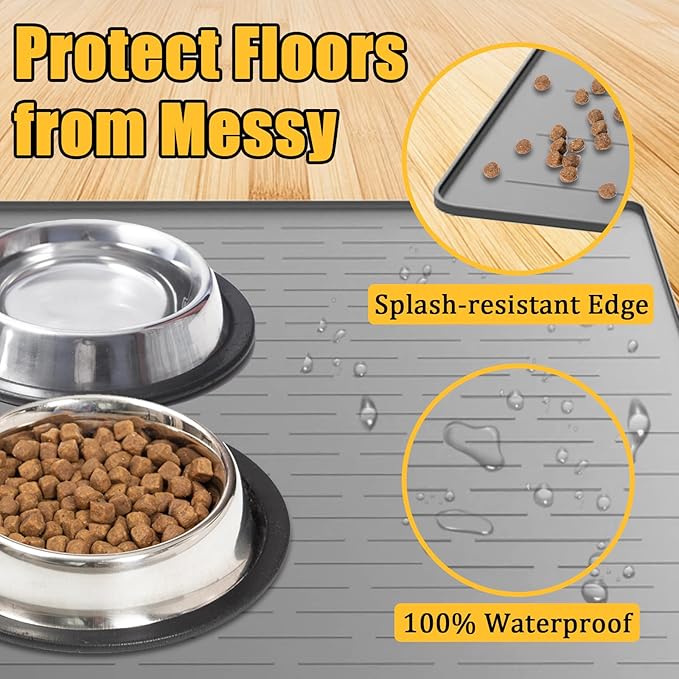 31.8"x23.8" Large Dog Mat for Food and Water, XL Silicone Pet Feeding Mats, Waterproof Dog Bowl Mat with High Edges to Prevent Water and Food Spills, Light Gray