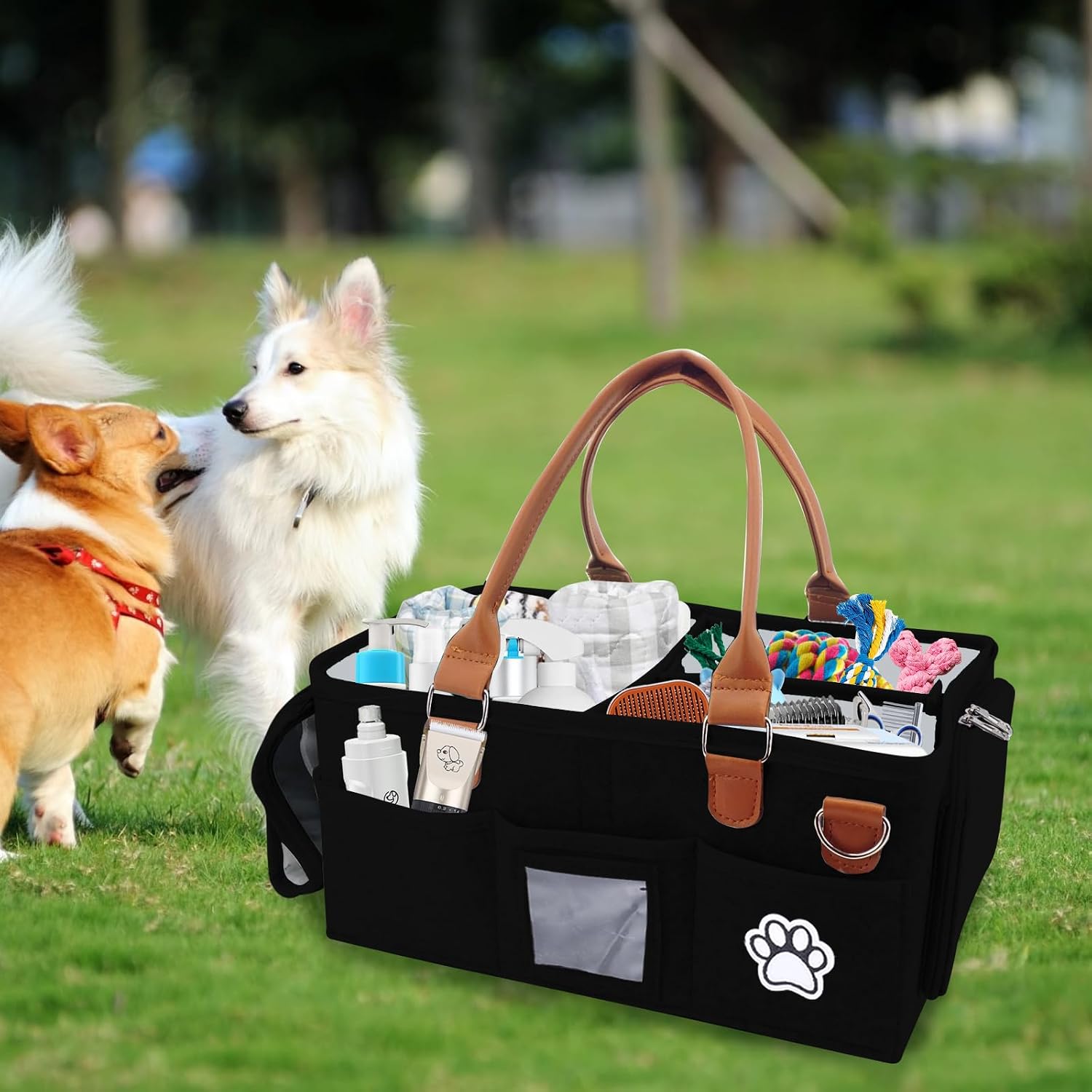 Felt Dog Grooming Bag,Portable Tote Bag for Dogs Cats,Dog Storage Organizer for Grooming Tool Kit,3 Compartments Pet Stuff Oganizers with 8 Pockets-Black