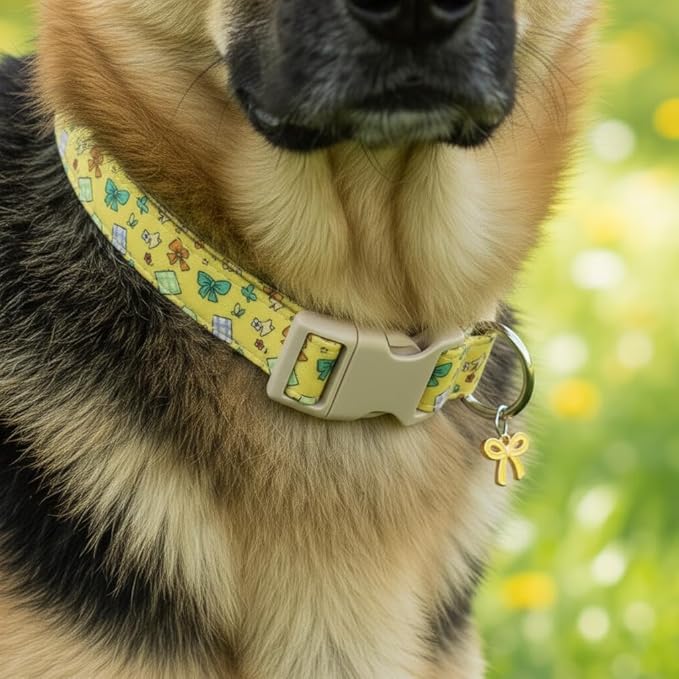 Small Dog Collar with Cute Bowtie Print, Girl Dog Collar for Puppy, Extra Small & Small Dogs, Spring Summer Yellow Puppy Collar with Pendant and Soft Fabric, XS