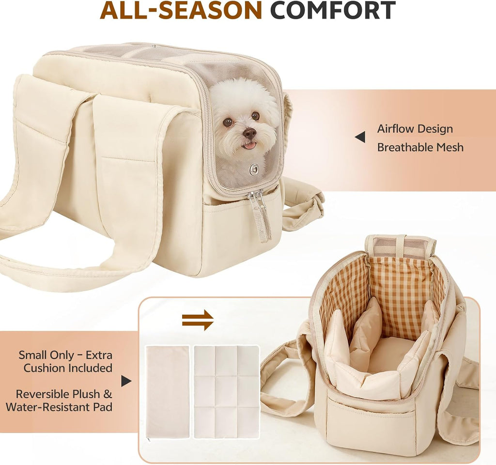 Dog Purse Carrier for Small Dogs and Cats, Soft-Sided Pet Tote Bag with 6 Large Pockets, Collapsible Travel Puppy Carrier with Small Cushion, Fits Pets up to 6 lbs (Beige, 13.6" L x 6.6" W x 10" H)