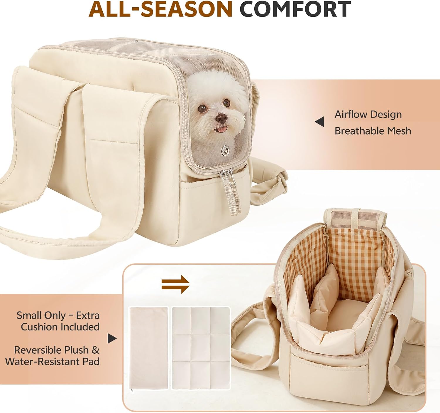Dog Purse Carrier for Small Dogs and Cats, Soft-Sided Pet Tote Bag with 6 Large Pockets, Collapsible Travel Puppy Carrier with Small Cushion, Fits Pets up to 6 lbs (Beige, 13.6" L x 6.6" W x 10" H)